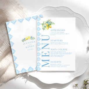 Italian Blue Tiles Lemon Floral Wedding Menu Cards