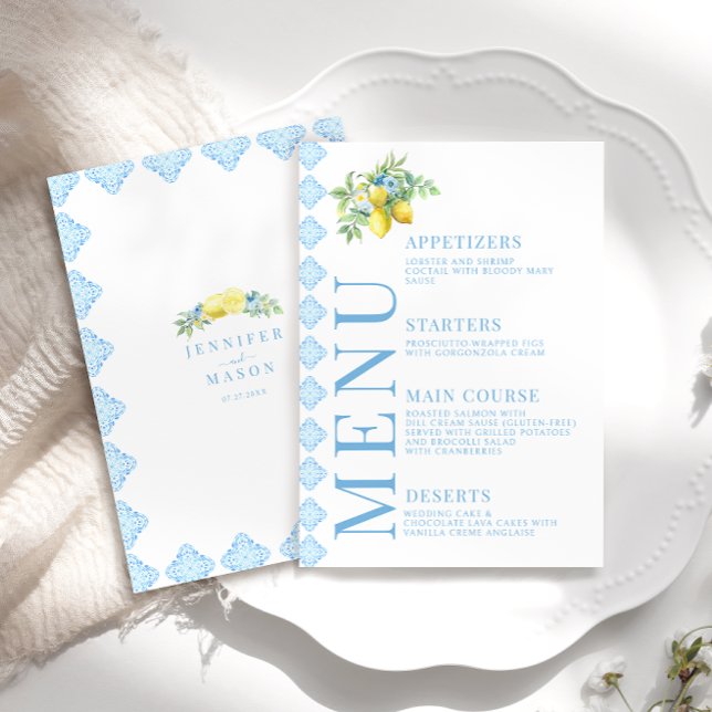 Italian Blue Tiles Lemon Floral Wedding Menu Cards (Creator Uploaded)