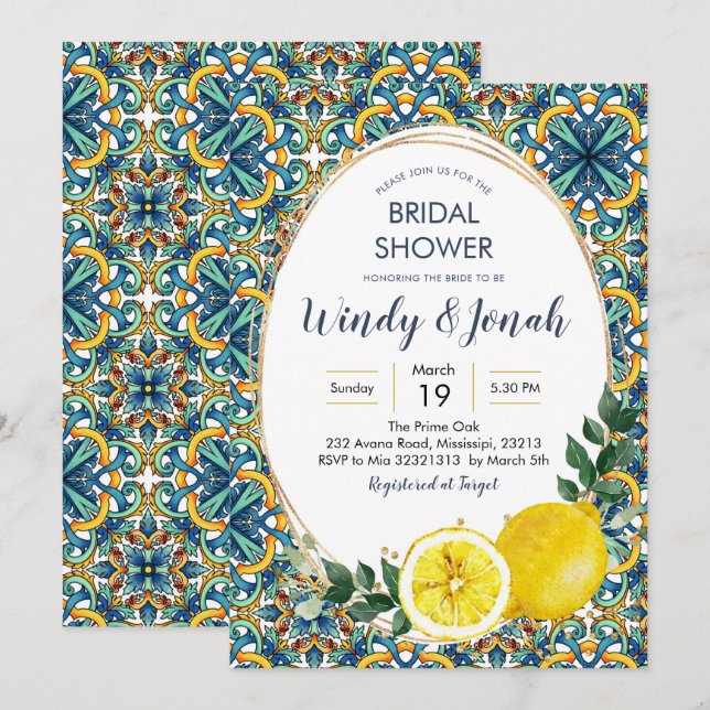 Italian Blue Tiles Lemon MainSqueeze Bridal Shower Invitation (Front/Back)