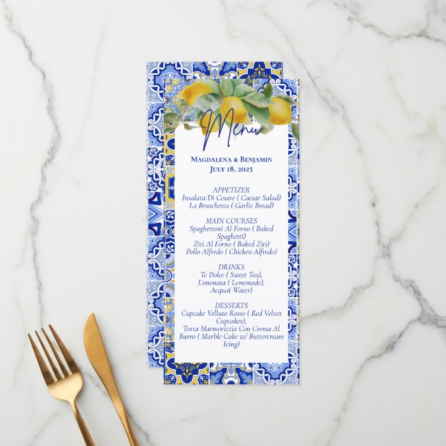 Italian Blue Tiles Lemons Amalfi Coast Wedding Menu (Front/Back In Situ)