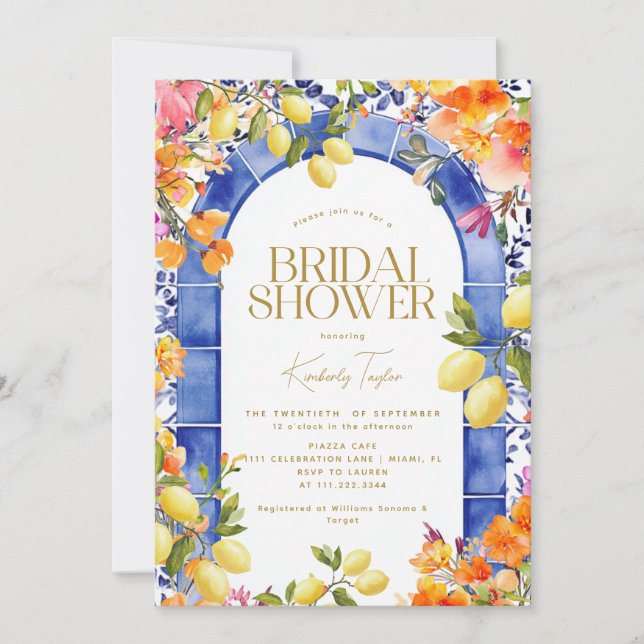 Italian Blue Tiles Lemons Flowers Bridal Shower Invitation (Front)