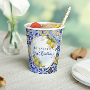 Italian Blue Tiles Lemons Gold Glitter Frame Party Paper Cups