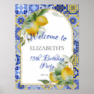 Italian Blue Tiles Lemons Watercolor Party Welcome Poster