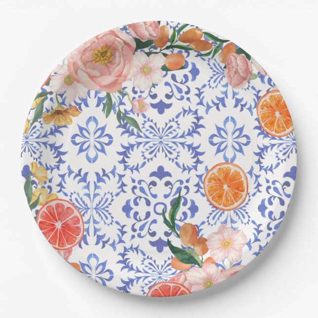 Italian blue tiles mediterranean Bridal Shower  Paper Plate (Front)