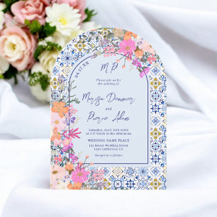 Italian blue tiles watercolor floral photo wedding invitation