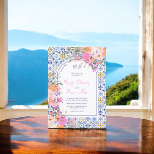 Italian blue tiles watercolor floral photo wedding invitation