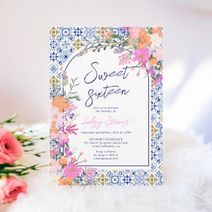 Italian blue tiles watercolor floral Sweet 16 Invitation