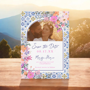 Italian blue tiles watercolor floral wedding save the date