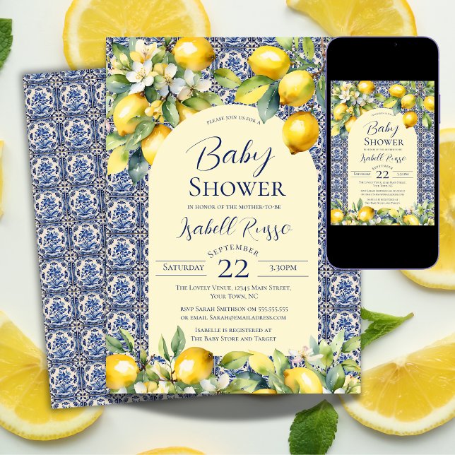 Italian Blue Tiles Watercolor lemon Baby Shower Invitation (Creator Uploaded)
