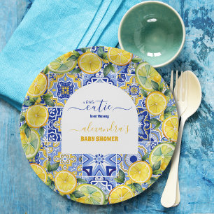 Italian blue tiles watercolor lemon baby shower paper plate