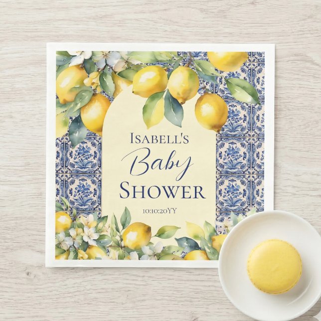 Italian blue tiles watercolor lemon baby  welcome  napkin (Creator Uploaded)