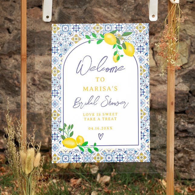 Italian blue tiles watercolor lemon bridal welcome poster (Creator Uploaded)
