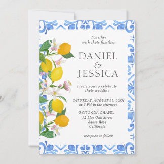Italian blue tiles watercolor lemon wedding invitation