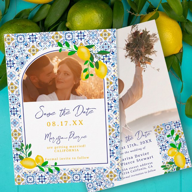 Italian blue tiles watercolor lemon wedding save the date (Creator Uploaded)