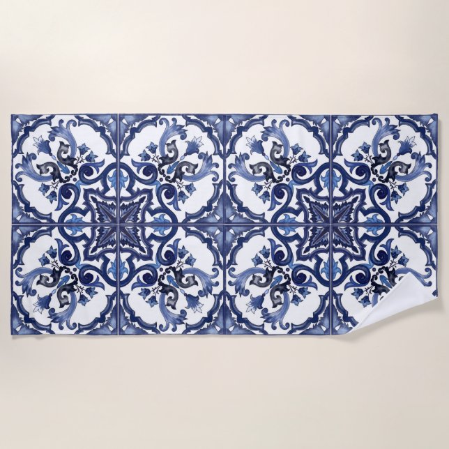 Italian Blue & White Sicilian Majolica Mosaic Beach Towel (Front)