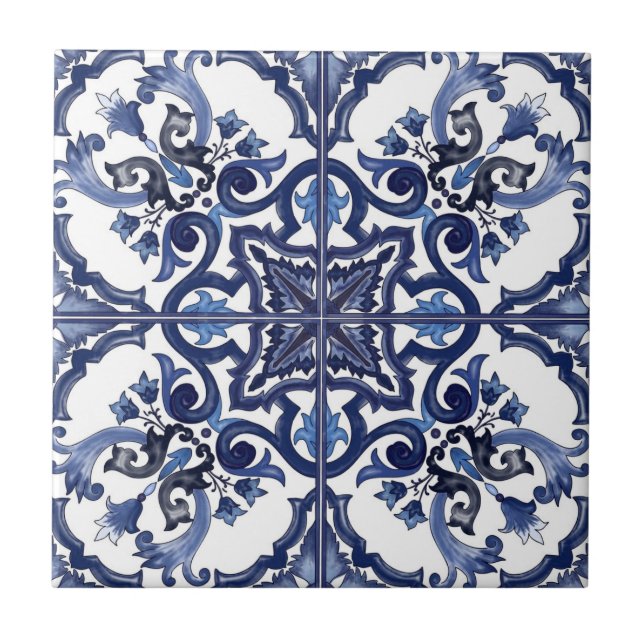 Italian Blue & White Sicilian Majolica Mosaic Ceramic Tile (Front)