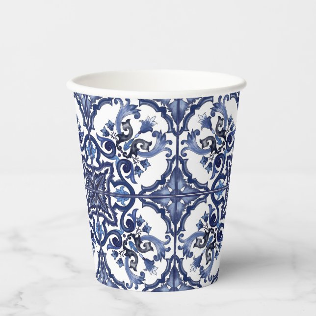 Italian Blue & White Sicilian Majolica Mosaic Paper Cups (Front)