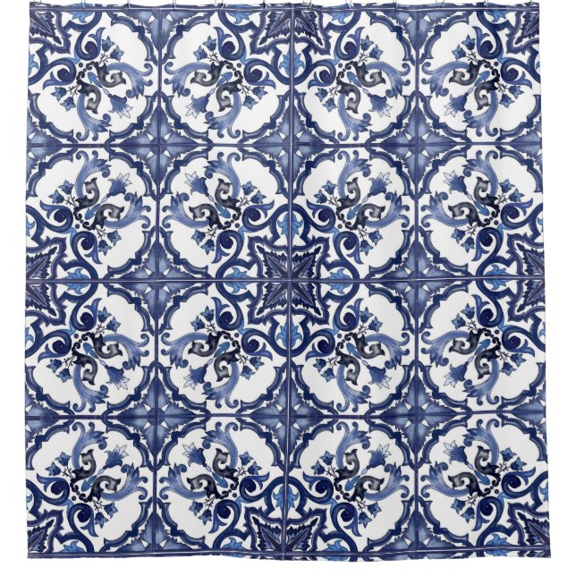 Italian Blue & White Sicilian Majolica Tiles Shower Curtain (Front)