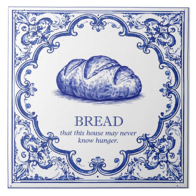 Italian Bread Kitchen Blessing Blue Ceramic Tile (Front)