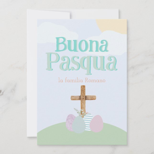 Italian Buona Pasqua Pastel Easter Eggs and Cross Holiday Card (Front)