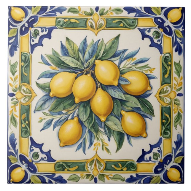 Italian Ceramic Lemon Tile Blue Majolica (Front)