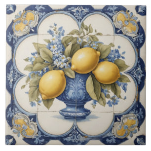 Italian Ceramic Lemons Tile Blue White 
