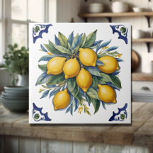 Italian Ceramic Lemons Tile Blue White 