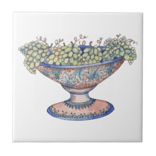 Italian Ceramic Pedestal Bowl with Green Grapes Tile