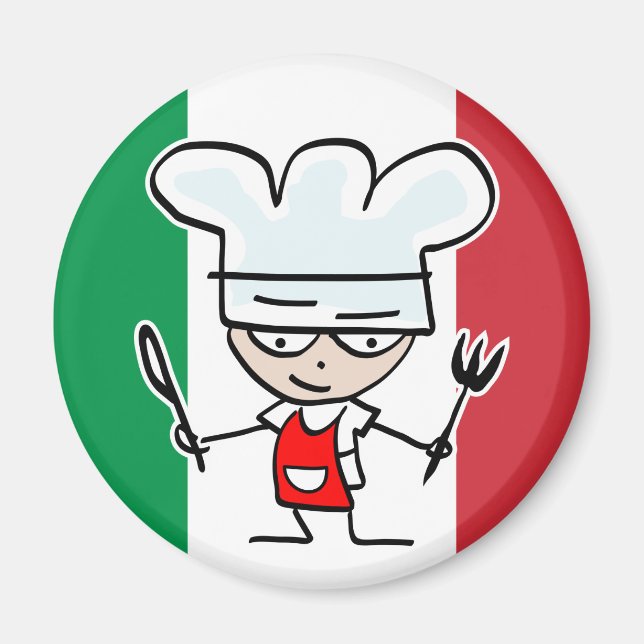 Italian chef fridge magnet with cartoon and flag (Front)