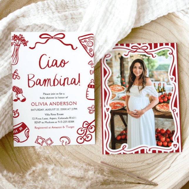 Italian Ciao Bambina Girl Whimsical Baby Shower Invitation (Watercolor Ciao Bambina Whimsical Italian Pizza Baby Shower Invitation)