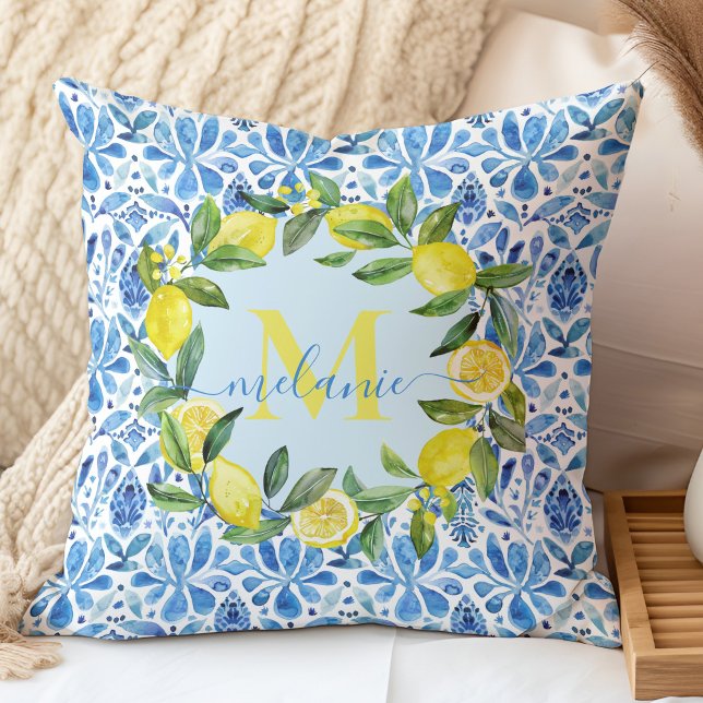 Italian Citrus & Blue Tiles Custom Name Monogram Cushion (Italian Citrus & Blue Tiles Custom Name Monogram Throw Pillow in a neutral boho bedroom.)