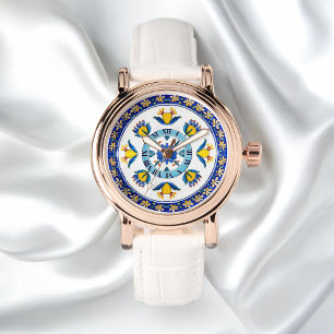 Italian Deruta Decorative Circular Floral Pattern Watch