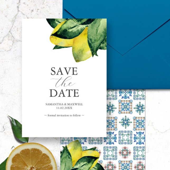 Italian Destination Wedding Announcements (Italian destination wedding save the date card features watercolor lemons with Amalfi tile pattern. )