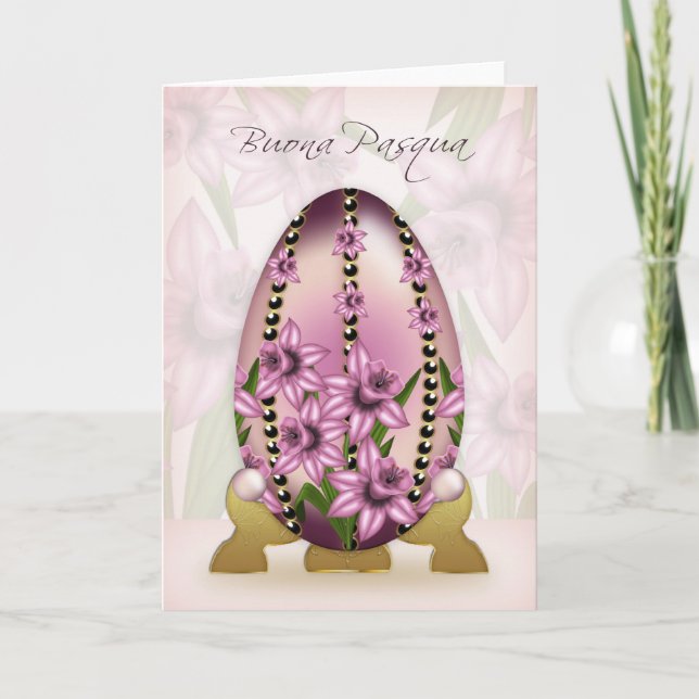 Italian Easter Card With Decorated Egg And Daffodi (Front)