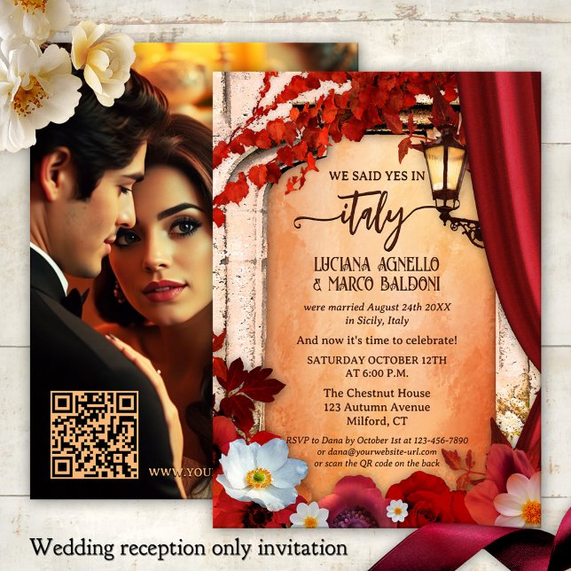 Italian Fall Elopement Wedding Reception Photo Invitation (Italian wedding reception only or elopement invitation featuring a roman arch with fall leaves)