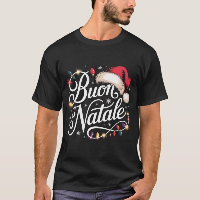 Italian Family Christmas Lights Red Santa Hat Buon T-Shirt (Front)