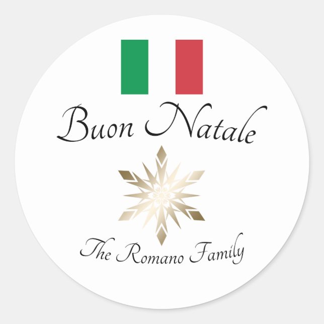 Italian Family Name Buon Natale Flag and Snowflake Classic Round Sticker (Front)