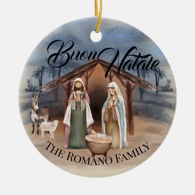 Italian Family Name Buon Natale Nativity Scene Ceramic Ornament (Front)