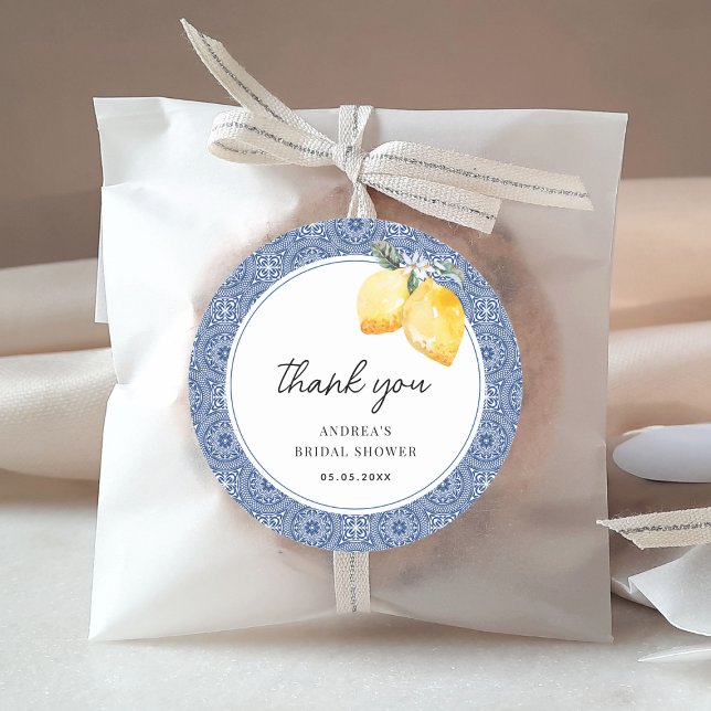 Italian Floral & Blue Tile Bridal Shower Thank You Classic Round Sticker (Creator Uploaded)