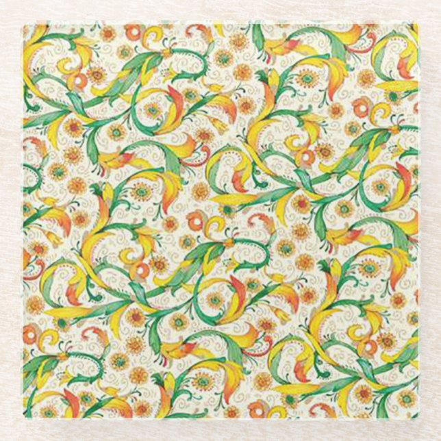 Italian Florentine Flourishes Pattern Glass Coaster (Front)