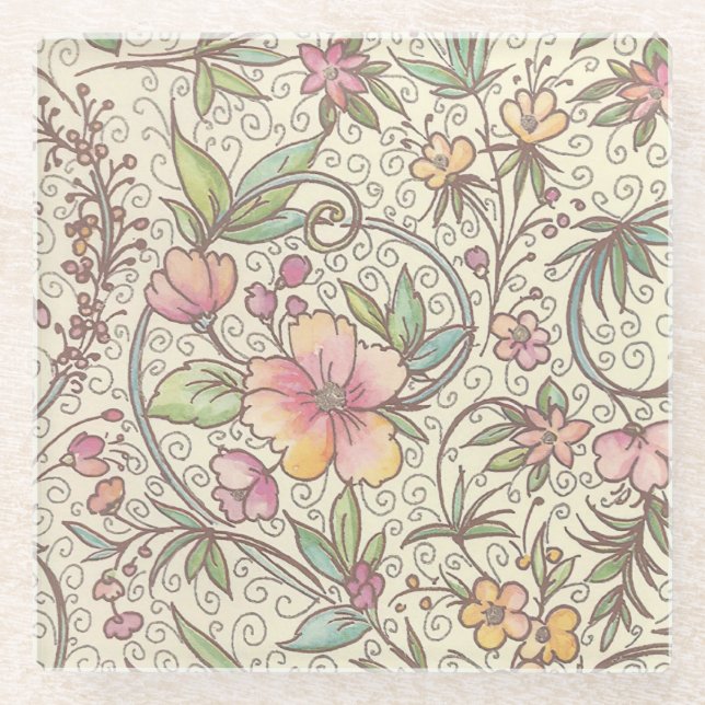 Italian Florentine Flourishes Pattern Glass Coaster (Front)