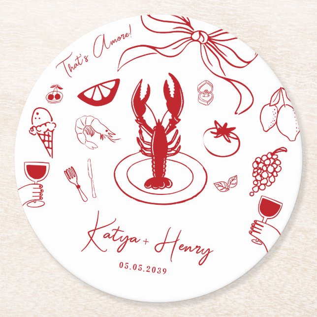 Italian Food Hand Drawn Wedding Engagement Party Round Paper Coaster (Front)