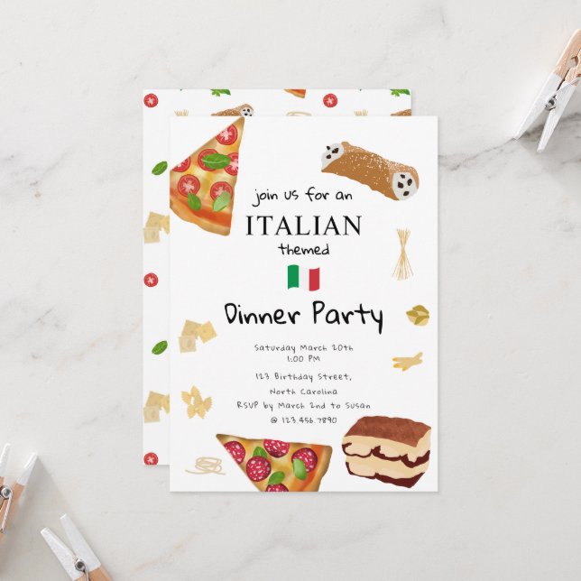 Italian Food Pizza & Pasta Dinner Party Theme Invitation (Front/Back In Situ)