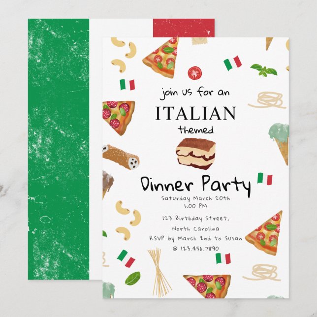 Italian Food Pizza & Pasta Dinner Party Theme Invitation (Front/Back)