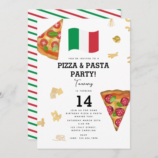 Italian Food Pizza & Pasta Making Birthday Party Invitation (Front/Back)