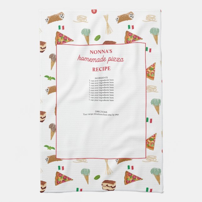 Italian Food Pizza Pasta Tiramisu Nonna Recipes Tea Towel (Vertical)