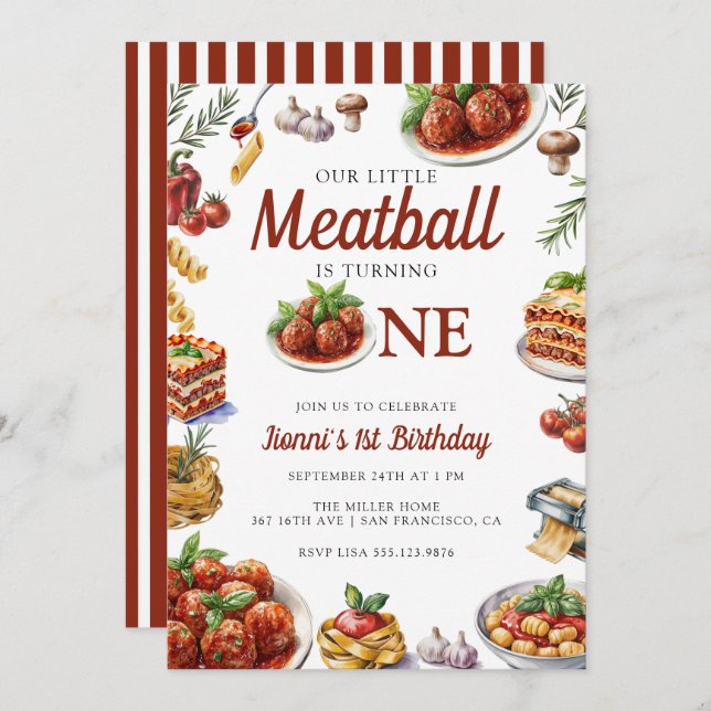 Italian Food | Watercolor 1st Birthday Invitation (Front/Back)