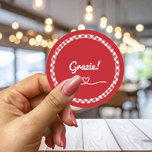 Italian Grazie Thank You Red Gingham Heart Classic Round Sticker