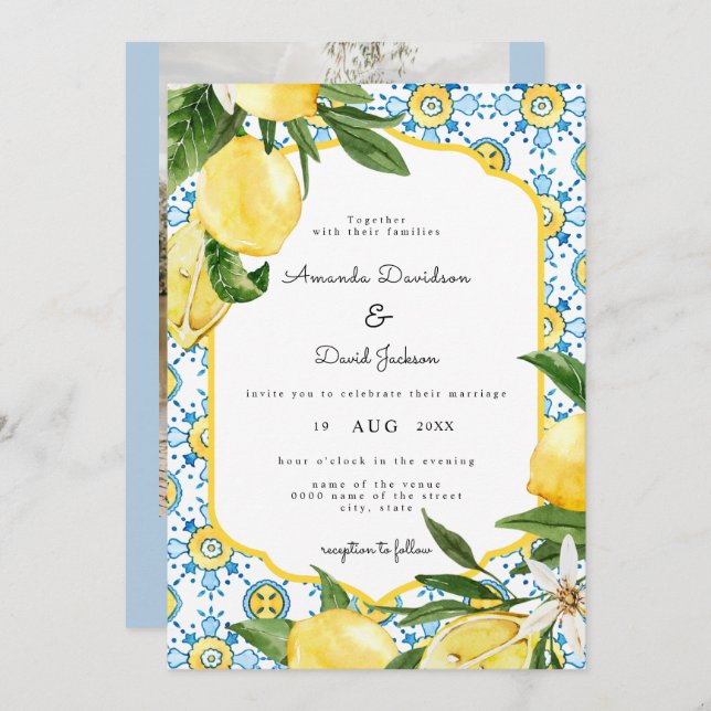 Italian Greek Citrus Lemon Yellow Modern Wedding Invitation (Front/Back)