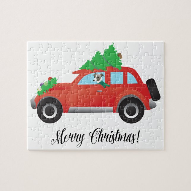 Italian Greyhound Dog Driving Car - Christmas Tree Jigsaw Puzzle (Horizontal)